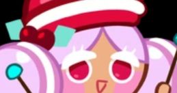 Cheerful Macaron Cookie V2 from Cookie Run Kingdom, dressed in festive attire, playing a drum with joy.