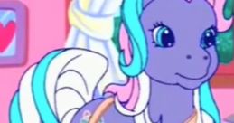 Razzaroo from My Little Pony G3 stands confidently with a flower-patterned bag and vibrant mane in a colorful setting.