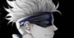Stylized depiction of Gojo with striking white hair and a black blindfold, exuding a confident aura against a dark background.