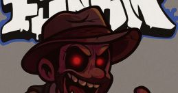 Evil Finney character from Friday Night Funkin', featuring red eyes and a menacing grin, holds a microphone confidently.