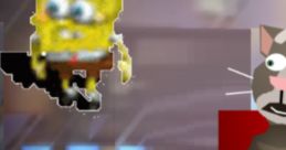 SpongeBob and a quirky cat in a colorful digital scene featuring playful graphics and tech elements. Fun and surreal vibes!