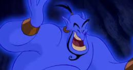 Genie from Aladdin (1992) laughing joyfully, showcasing his magical energy and vibrant blue form in a mystical cave.