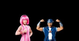 Stephanie and Sportacus from LazyTown posing together, showcasing their colorful outfits and energetic personalities.