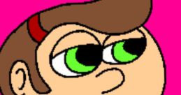 Cartoon character with green eyes and brown hair, wearing a green shirt against a pink background. Fun and colorful design.