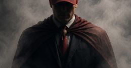 Mysterious figure in a suit and cape, wearing a MAGA hat, surrounded by smoke, embodying the concept of a "Betting Man.