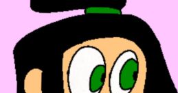 Playful animated character with black hair and green eyes, wearing a yellow top, set against a pink background.