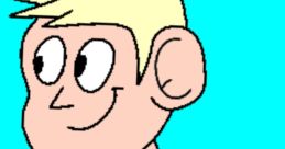 Cartoon character with blonde hair, wearing a black shirt featuring a pink planet design, smiling against a bright blue background.