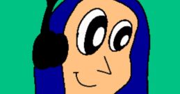 Animated character Anna Kojo with long blue hair, wearing headphones and a black outfit, set against a green background.