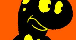 Playful black character with yellow spots, smiling against a vibrant orange background, embodying Chong Kojo's fun spirit.