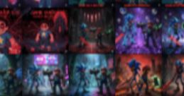 Vibrant and dynamic showcase of BRAINROT characters in action-packed, retro-style art, featuring unique backgrounds and poses.