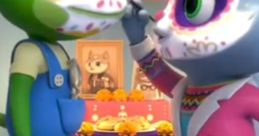 Kat and Gecko celebrate Día de los Muertos with colorful face paint and an altar adorned with marigolds and sugar skulls.