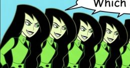 Shego from Kim Possible stands with identical copies, all voiced by Nicole Sullivan, playfully asking "Which?