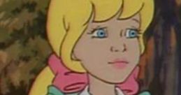 Megan Williams from My Little Pony G1, featuring a blonde hairstyle and heart-patterned dress, with a soft expression.