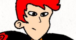 Bonzi Albitridge from the Mario and Luigi Show with bright red hair and a unique black jacket featuring red swirls.