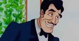 Gaston Adams Smith in a tuxedo, smiling and gesturing charmingly against a lush green background.