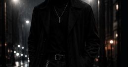 Man in a black trench coat and turtleneck stands on a rain-soaked street, exuding a moody, urban vibe.