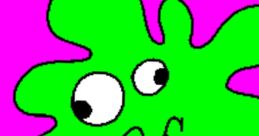 Colorful green cartoon character with big eyes and a red tongue against a bright pink background, inspired by "Mario and Luigi Show.