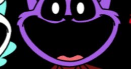 Purple cartoon character with a big smile, wearing a red shirt with a yellow 'C' and blue pants. Playful and whimsical design.