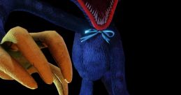 Shadow Huggy Wuggy with exaggerated features, sharp teeth, and long limbs, set against a dark background.