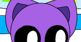 Purple cartoon character with large eyes, wearing shorts, stands against a colorful beach backdrop, inspired by Yuki Marquez.