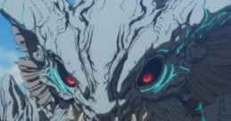 Menacing kaiju character from Kaiju Boy, featuring glowing blue veins, sharp teeth, and intense red eyes against a blue sky.