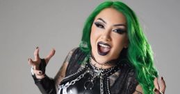 Shotzi Blackheart poses in a striking skeleton bodysuit, showcasing her edgy style and vibrant green hair.