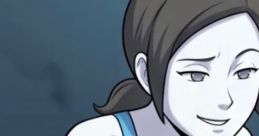 Wii Fit Trainer from SSBU showing a focused expression, wearing a blue workout top, in a dynamic fitness setting.