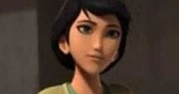 June from Transformers Prime, showcasing her character design with dark hair and a green outfit, in a thoughtful pose.