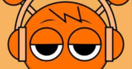Cheerful orange character wearing headphones, embodying a fun and vibrant aesthetic, ideal for creative projects or branding.