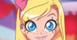Iris from Lolirock, featuring cheerful blue eyes, a pink dress, and long blonde hair with a stylish bow.