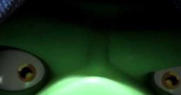 Close-up of an angry green pig character from Angry Birds, exuding a menacing presence with intense eyes and a shadowy background.