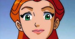 Sarah from Totally Spies! with red hair and green eyes, wearing a red shirt, showcasing her confident personality.