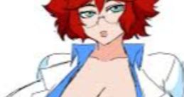 Character design of Dr. Maxxine with vibrant red hair and glasses, dressed in a blue outfit and white lab coat.