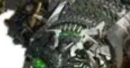 Close-up of Devastator’s menacing face with a glowing green visor, showcasing intricate robotic detailing and sharp features.