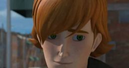 Vince from Transformers Prime with striking green eyes and tousled hair, showcasing his adventurous spirit in an urban setting.