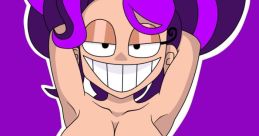 Playful cartoon character with vibrant purple hair and a cheeky grin, showcasing a confident pose against a bold background.