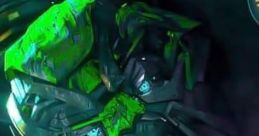 Close-up of Transformers Bayverse Ratchet with intricate metallic details and vibrant green highlights, showcasing its design.