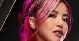 Mina Shirakawa, AEW wrestler, showcases vibrant pink hair and a fierce expression, embodying athleticism and style.