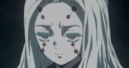 Kumo Oni Ane from Demon Slayer, featuring her distinctive pale hair and haunting expression in a dark background.