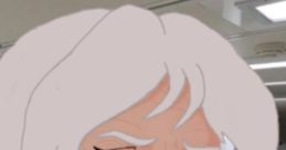 An animated character with long white hair and blue earrings, displaying a concerned expression in a modern setting.