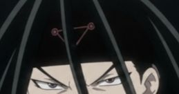 Smirking character with long dark hair and a headband, fingers clasped, representing themes of envy and ambition.