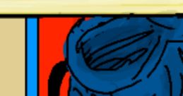 Blue backpack stored under a table, featuring a bright red background, reminiscent of the Mario and Luigi Show's playful style.