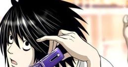 L Lawliet in a casual pose, holding a purple phone, reflecting his thoughtful and enigmatic character.