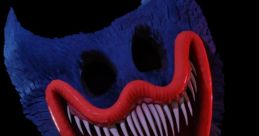 Sinister portrayal of Nightmare Huggy Wuggy 1.0, featuring vivid colors and terrifying, exaggerated smile and sharp teeth.