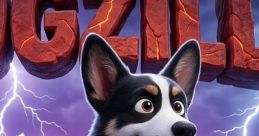 Playful dog character from "Dogzilla," with a dynamic cityscape background and vibrant lightning effects. Perfect for pet lovers!