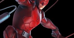 Daredevil, voiced by Cam Clarke, dons his signature red suit, showcasing agility and strength in dynamic action pose.