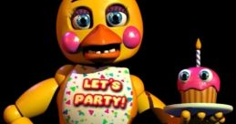 Toy Chica from FNAF - UCN cheerfully holding a cupcake, featured in vibrant yellow with festive party attire.