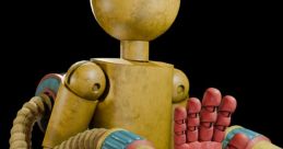 Stylized golden player figure with red robotic hand and flexible tubing, showcasing creativity in design and movement.