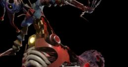 Colorful Prototype E character with robotic features, playful pose, and whimsical costume elements set against a dark background.