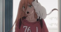 Power from Chainsaw Man V3 poses at the door, wearing a red shirt with a cat on her shoulder, holding a bag.